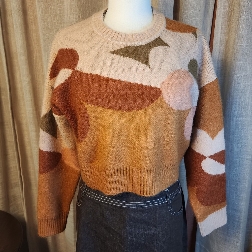Cotton On Womens L Abstract Intarsia Sweater Rust Brown Retro 70s Cropped